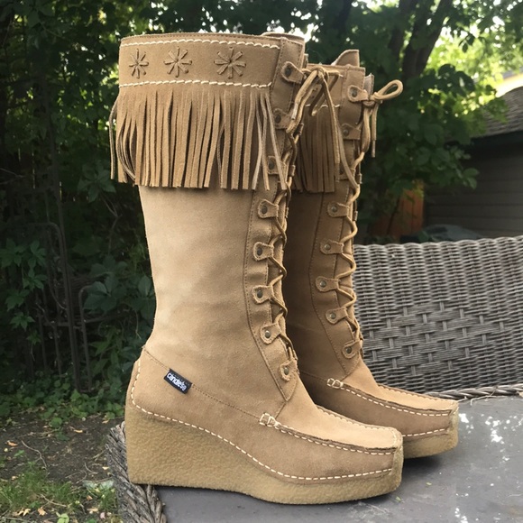 Candie’s Vintage Sz 7.5 Moccasin Wedge Fringe Suede Tall Western Cowboy Boots - Picture 6 of 15